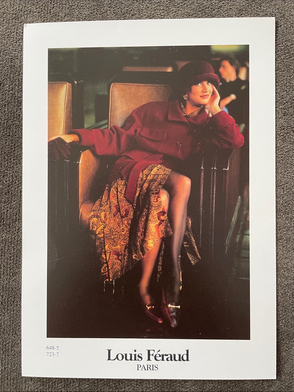Vintage Louis Féraud Paris Fashion Art Print - Burgundy Coat & Patterned Skirt